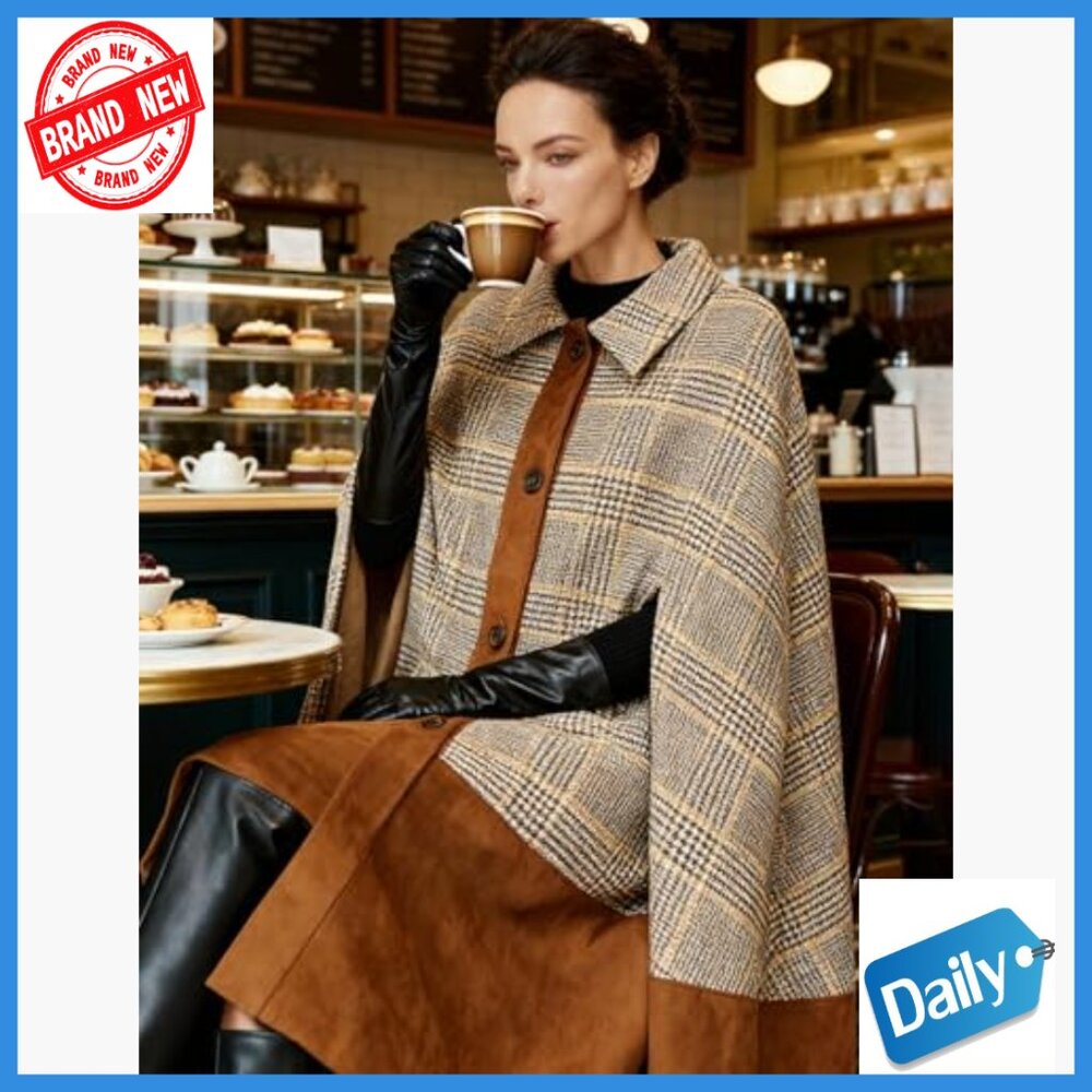 Wool Blend Cape Coat with Leather Patchwork, Midi… - image 3